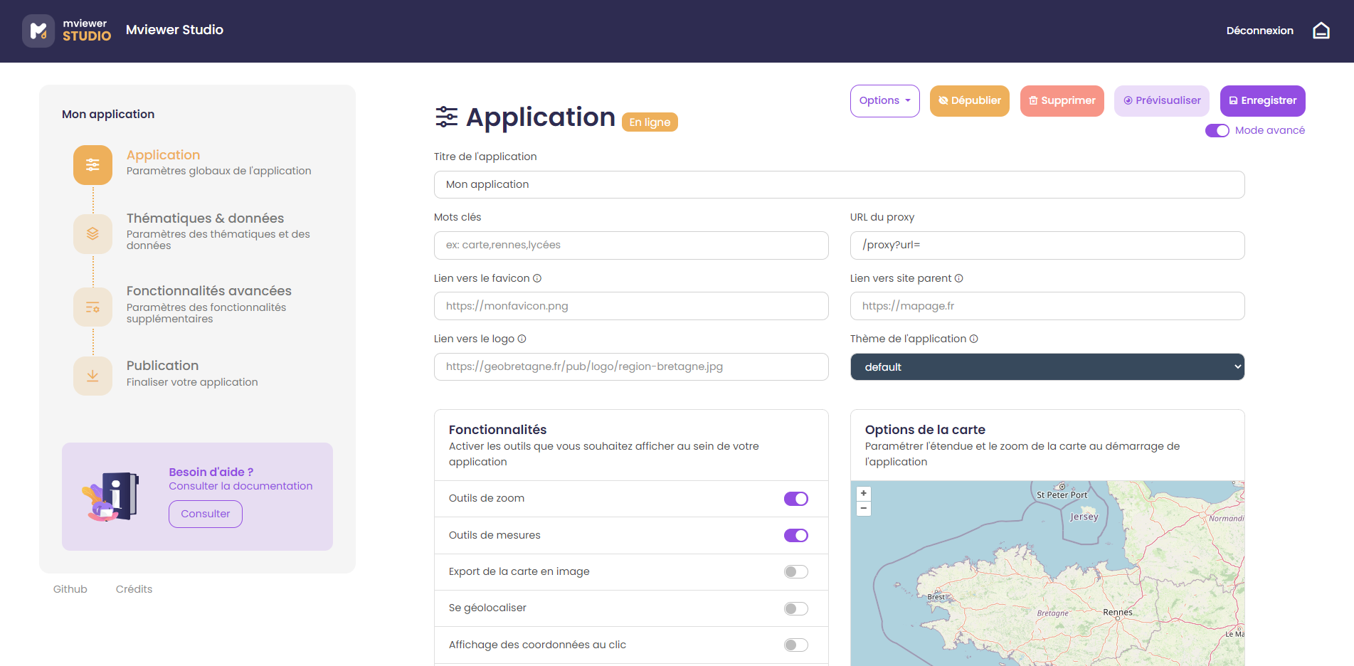 Boutons pour gérer son application