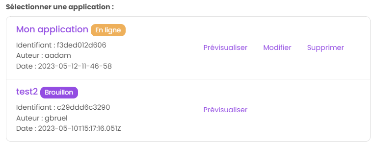 Statut des applications