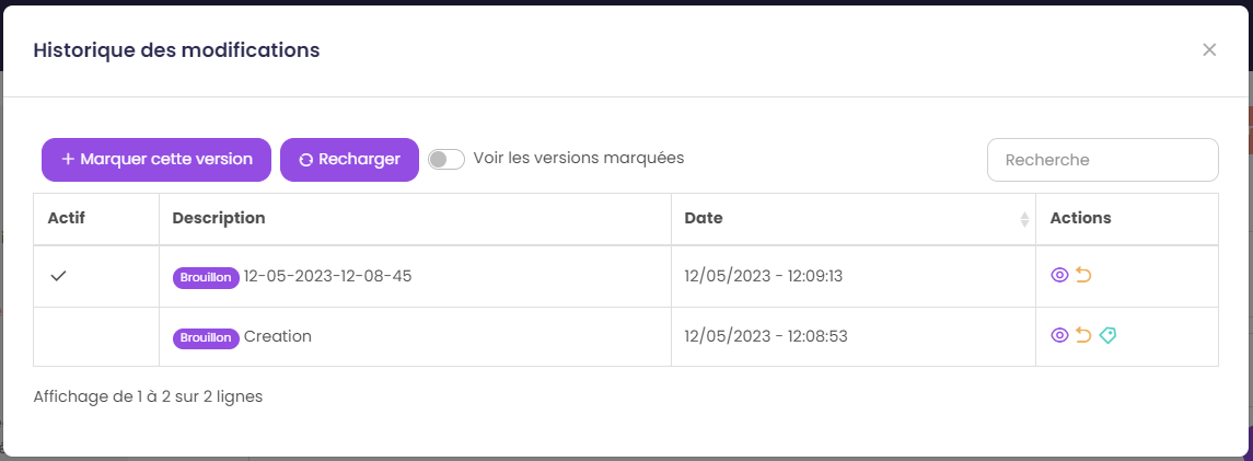 Fenêtre liste des versions